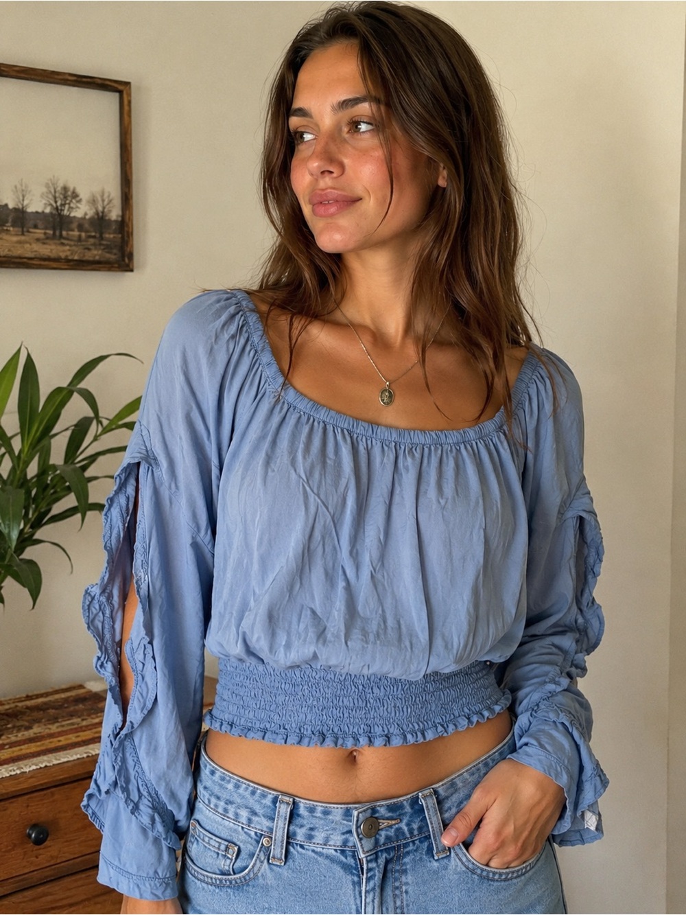 Wrangler Light Blue Peasant Blouse Boho Prairie Top Size Large